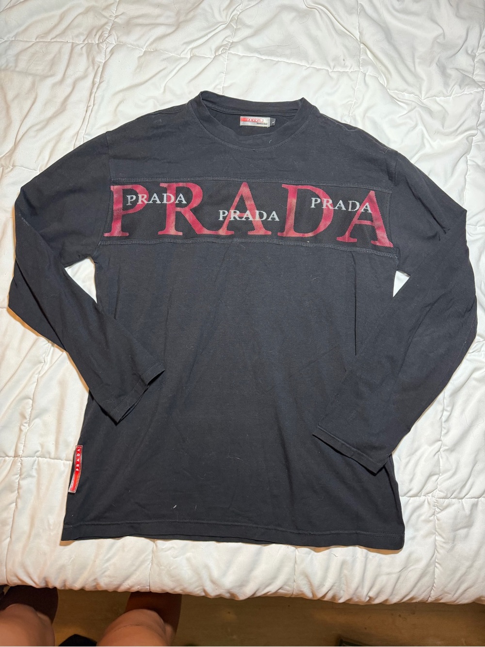 Prada Black Long Sleeve Tee with Red Logo Band